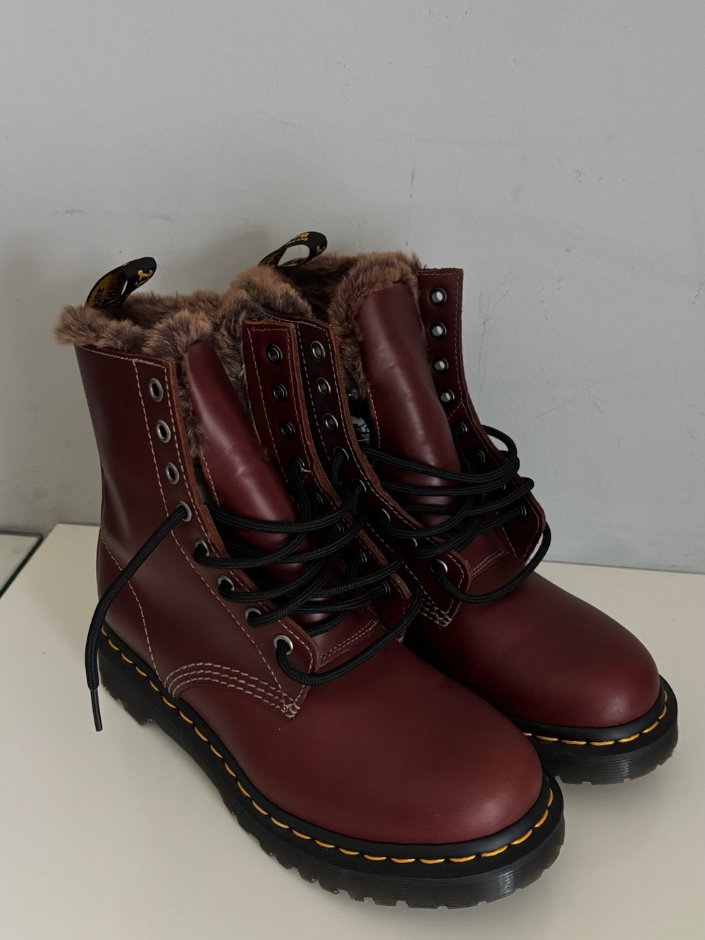 Dr. Martens Women's Burgundy Lace-Up Faux Fur Combat Boots